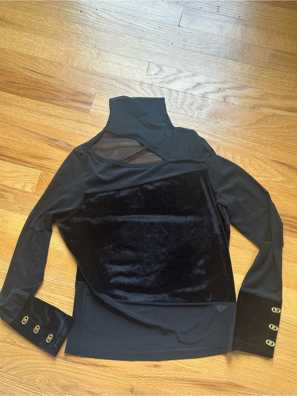 Black Velvet-Panel Mesh Mock Neck Top